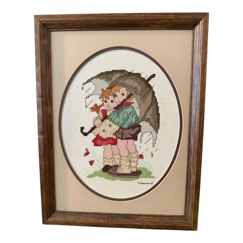 Vintage Hummel Style Cross Stitch Framed Children Under Umbrella Handmade Art